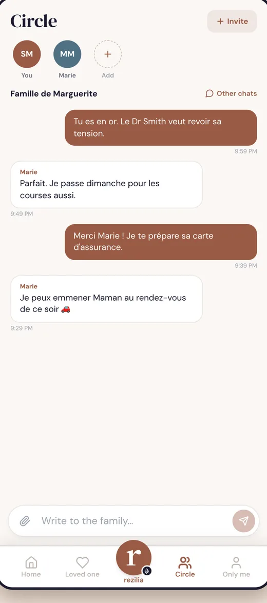 Le cercle familial dans Rezilia, avec le chat des décisions de soin