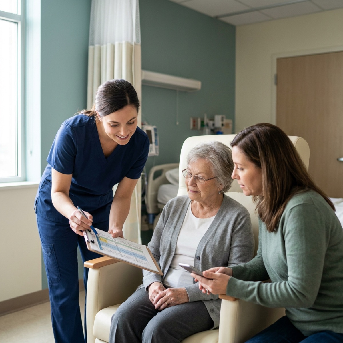 A nurse preparing an elderly patient and their family for hospital discharge