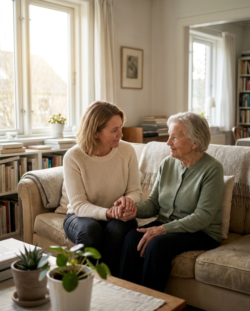 A family caring for an ageing parent at home, three generations together