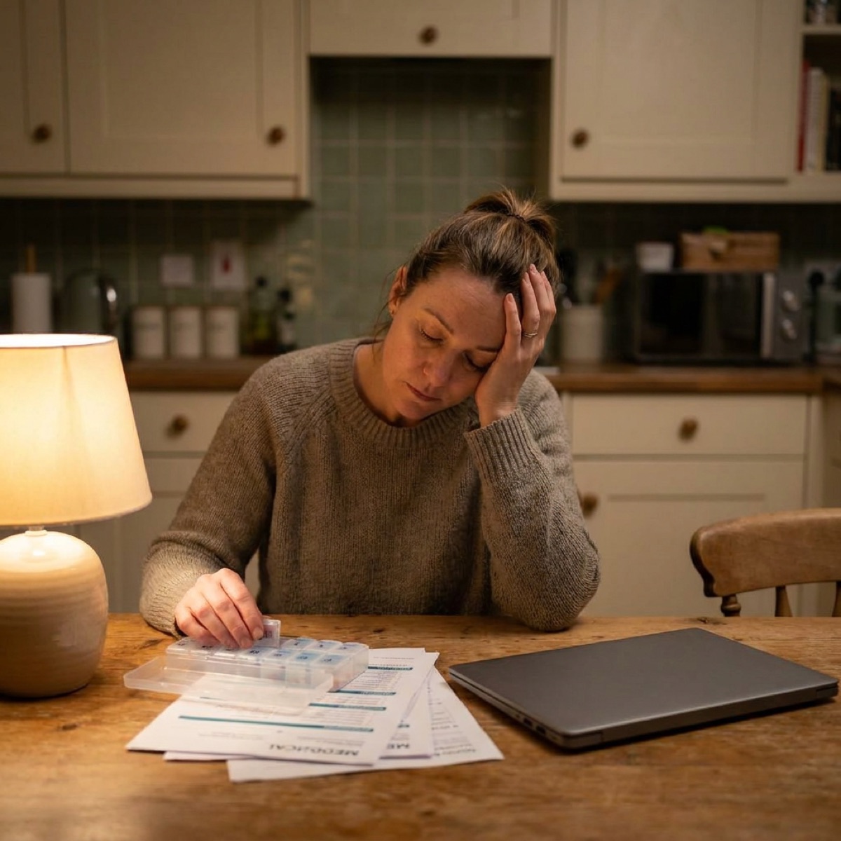 A caregiver sitting alone, overwhelmed, at the end of a long day