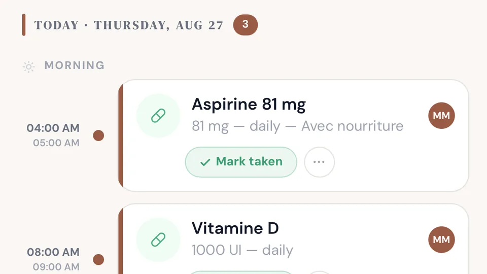 El calendario compartido de Rezilia con los medicamentos del día y quién se encarga