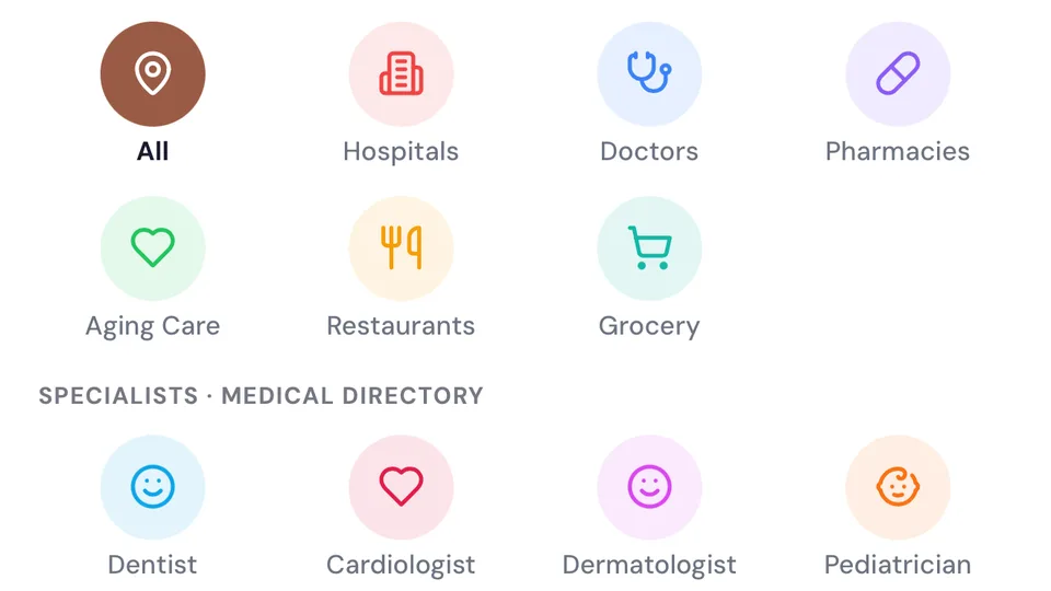 La pantalla Find care de Rezilia, con lugares y especialistas cercanos
